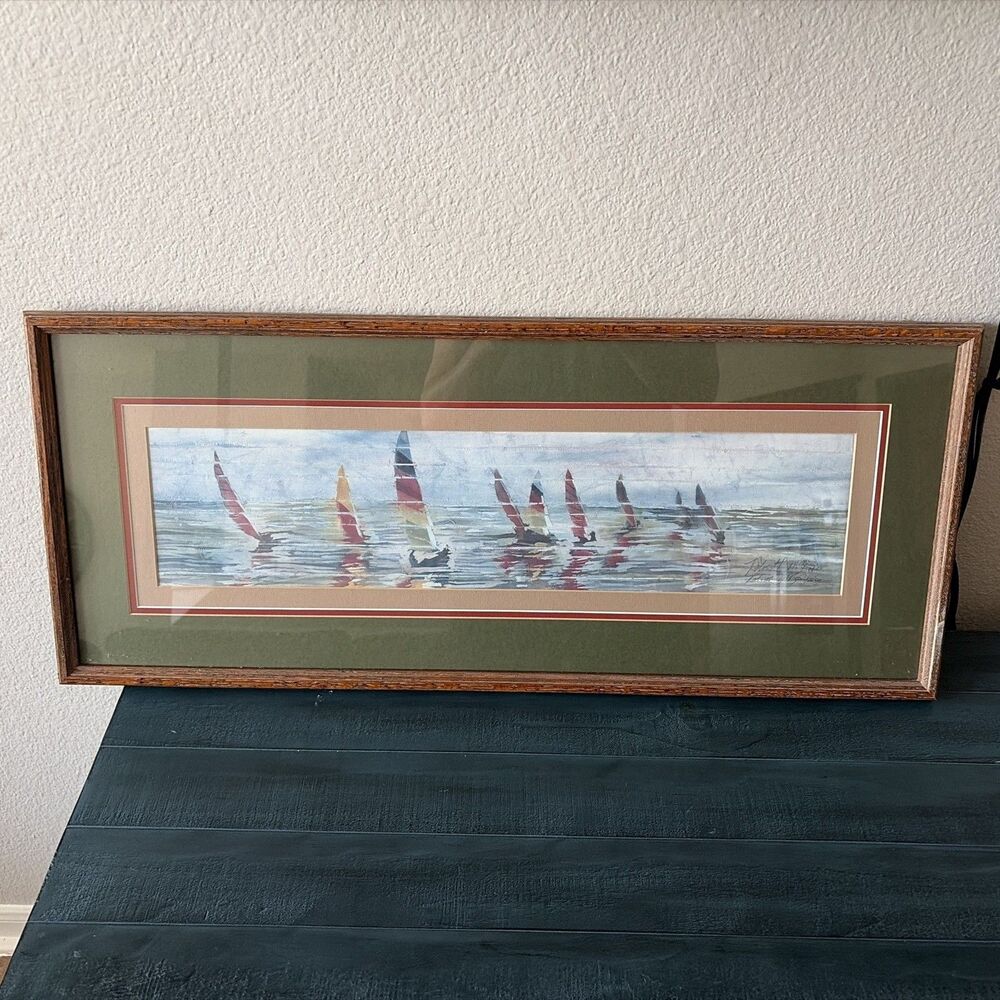 VTG Sailboat Watercolor Painting Signed/Numbered Framed Nautical Art 30”x13”